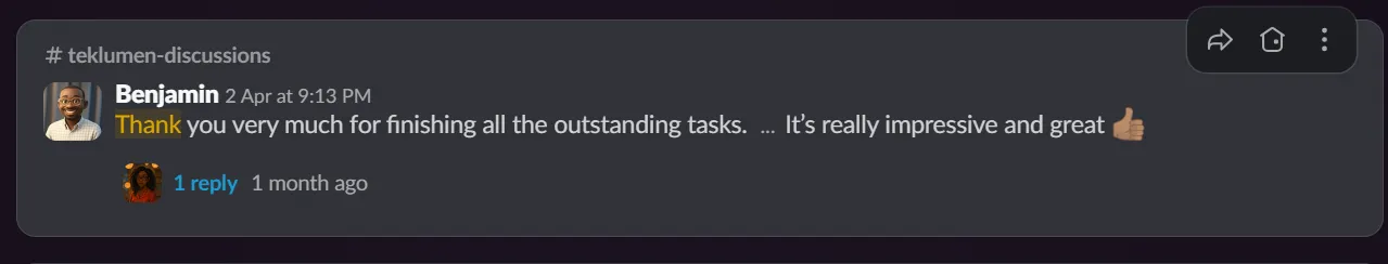Screenshot of the original client message: Exceptional Organization & Efficiency